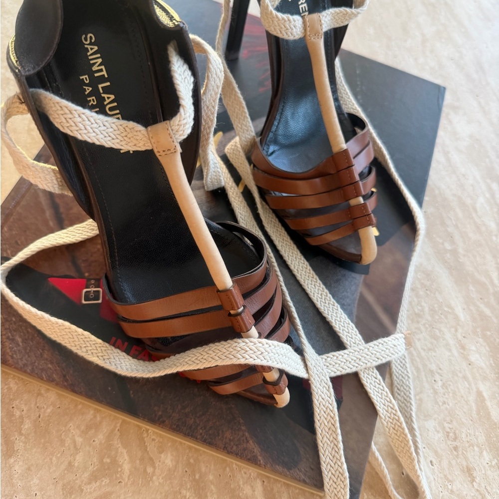 Saint Laurent Brown Leather Majorelle Lace Up Plumps - Picture 2 of 4